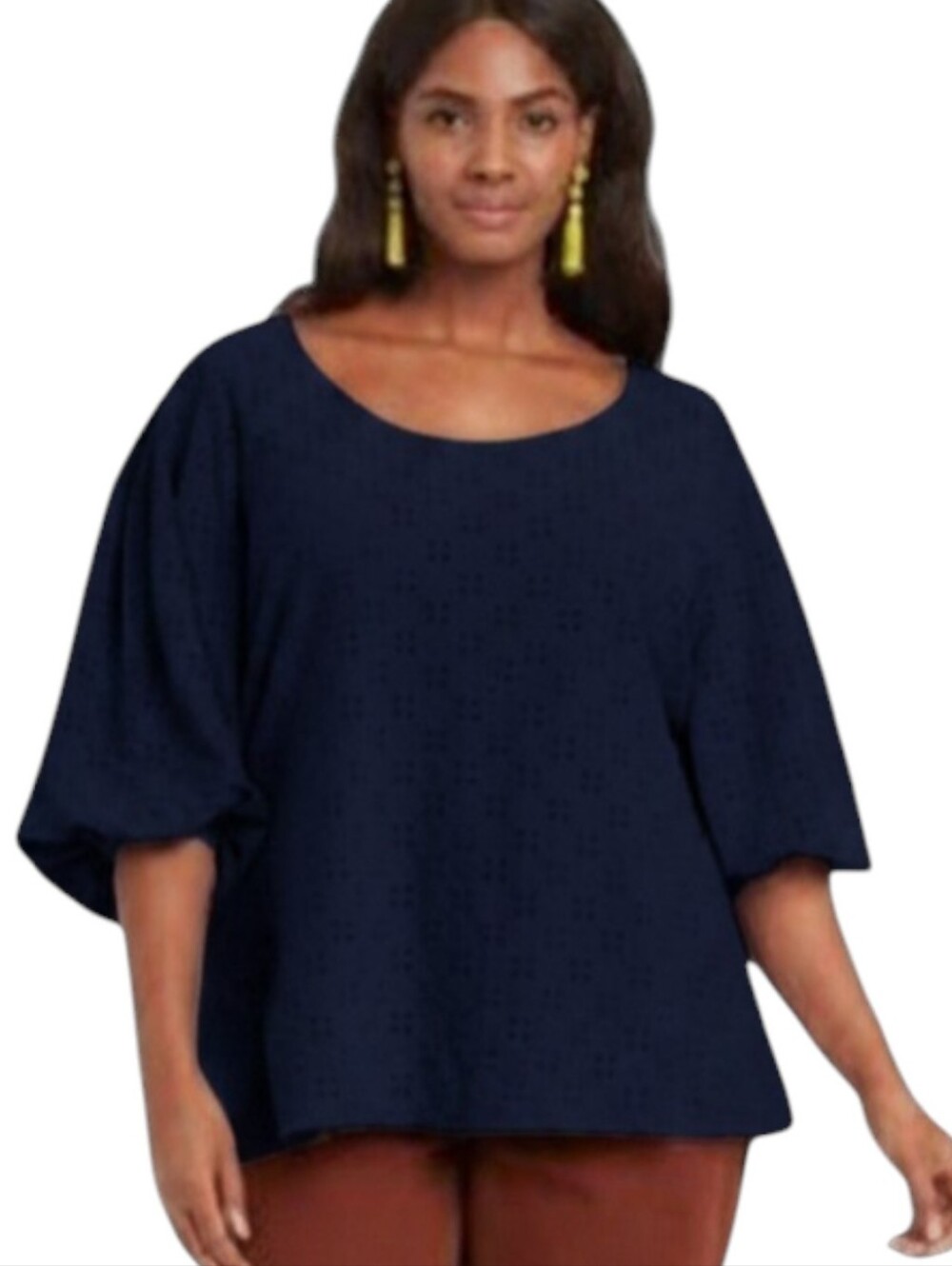 Ava & Viv Navy Eyelet Scoop-Neck Puff Sleeve Top In Navy Size 1X